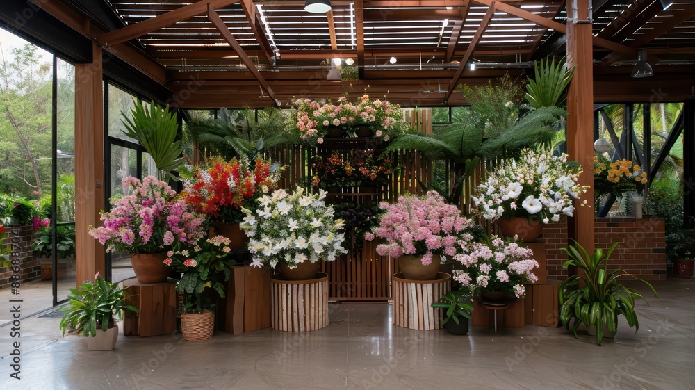 Poster a large display of flowers in a greenhouse. the flowers are arranged in various pots and vases, with