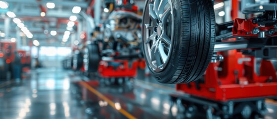 Fototapeta premium Precision Alignment and Balancing of Car Wheels in a Professional Workshop