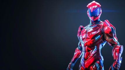 A futuristic superhero stands illuminated against a dark backdrop