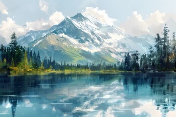 Serene Mountain Landscape with Reflective Lake and Snow-Capped Peaks