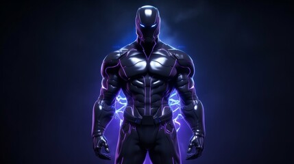 Black superhero stands in front of a dark background