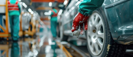 Fototapeta premium Automotive Technician Conducting Quality Inspections on Car Wheels in Repair Shop