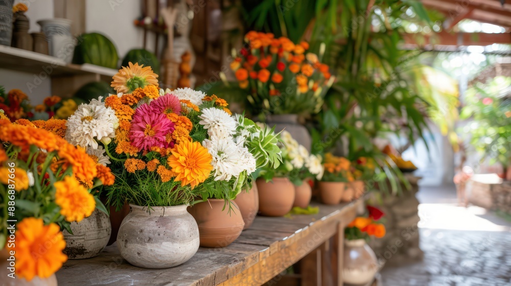 Poster a table full of vases with flowers in them. the flowers are orange and white. the table is in front 