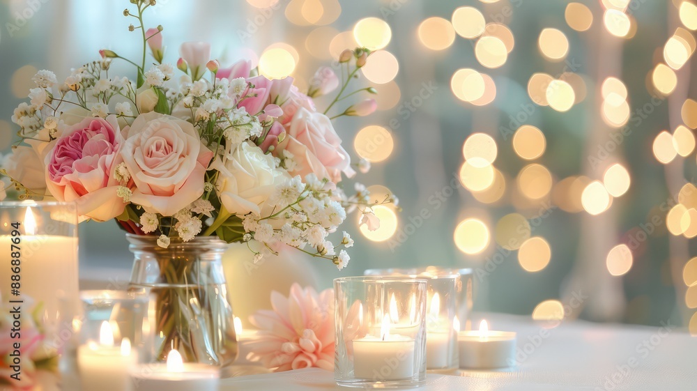 Poster a table with a vase of flowers and candles. scene is romantic and intimate