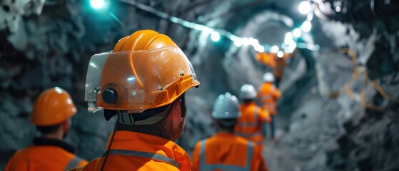 Surveying Mineral Deposits: Workers in Safety Gear in Underground Mine