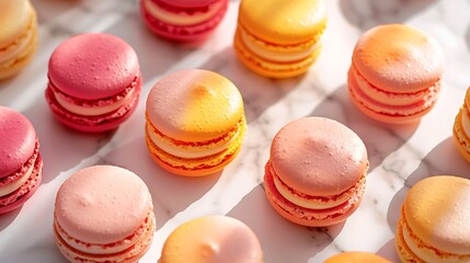 Fototapeta premium A top-down view of colorful tropical sunset macarons arranged in a spiral pattern, featuring coral, pink, and orange hues.