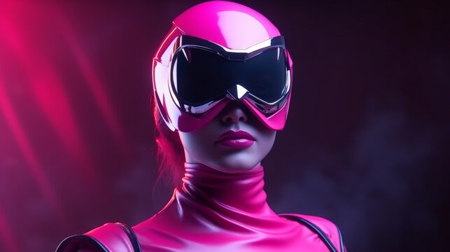 A pink-clad superhero stands confidently, their gaze fixed ahead