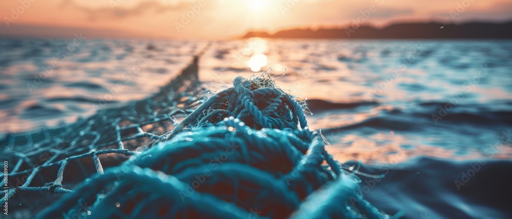 Poster a close-up of a fishing net with the sun setting in the background. ai.