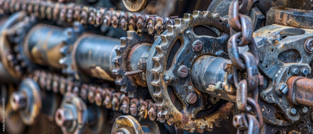Poster close-up of a rusty gear and chain mechanism. ai.