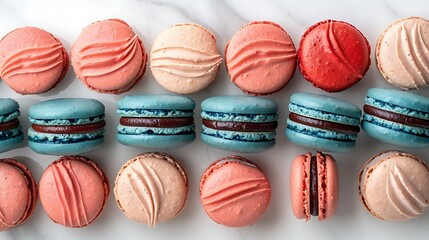 Obraz premium A top-down view of jewel tones macarons arranged in a spiral pattern, featuring emerald green, sapphire blue, and ruby red hues.