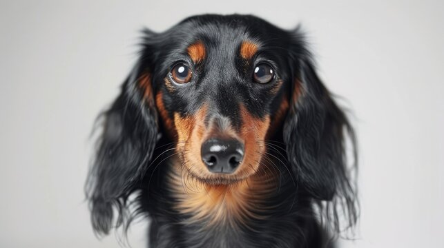 Close up of a two tone long haired Dachshund dog on a white background