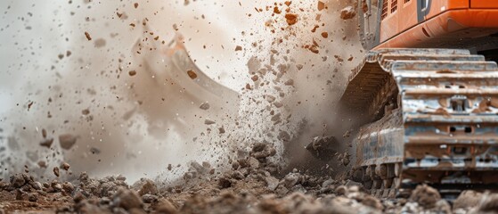 Industrial Heavy-Duty Drilling Equipment in Action with Dust Cloud Surrounding, Construction Site Operation