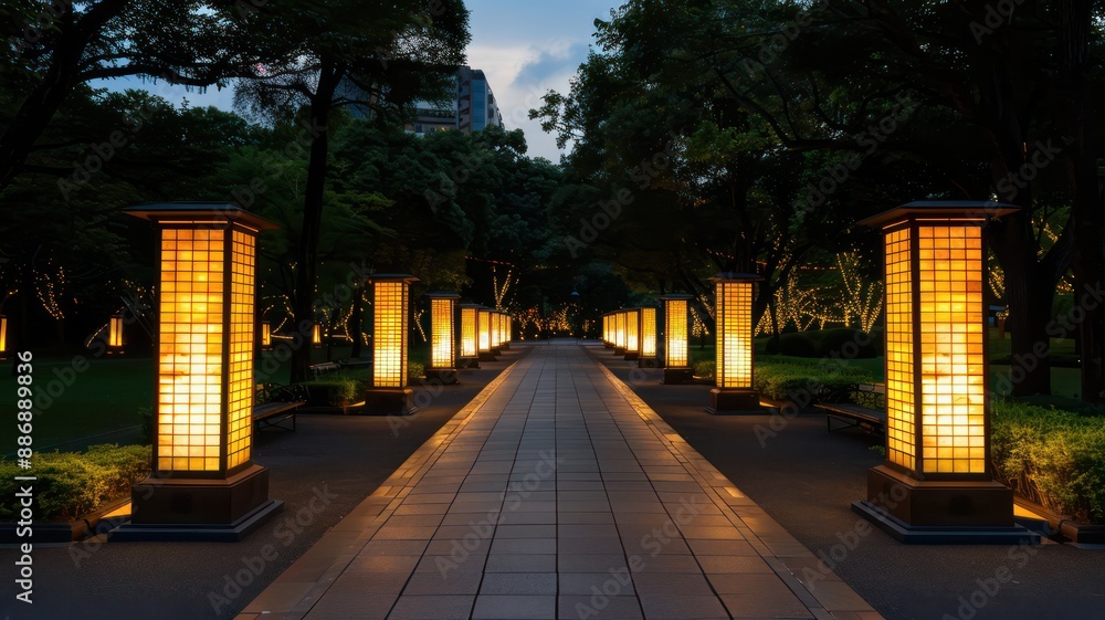Poster A long walkway with many lanterns lit up. The lanterns are lit up in different colors and are placed at different heights. The walkway is surrounded by trees and bushes, creating a peaceful