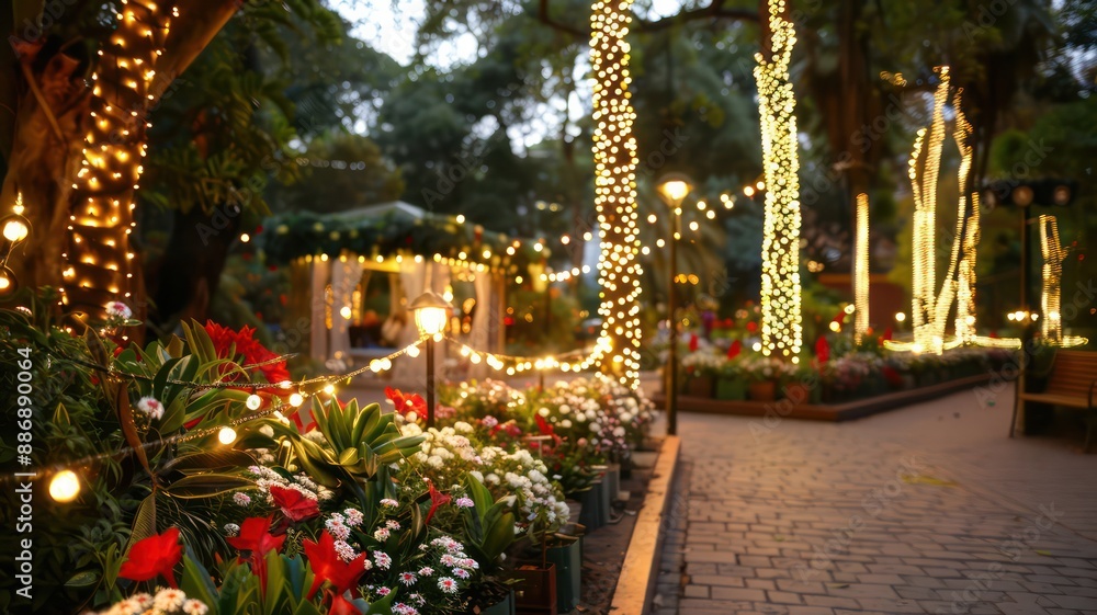 Poster a walkway with lights and flowers is lit up at night. scene is warm and inviting