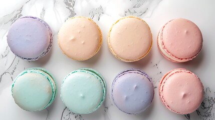 Fototapeta premium A top-down view of pastel dream macarons arranged in a spiral pattern, featuring mint green, baby blue, lavender, and pale pink hues.