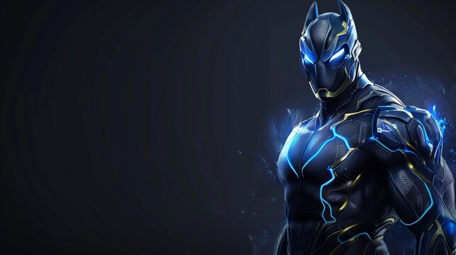 A blue-lit superhero stands ready in the shadows