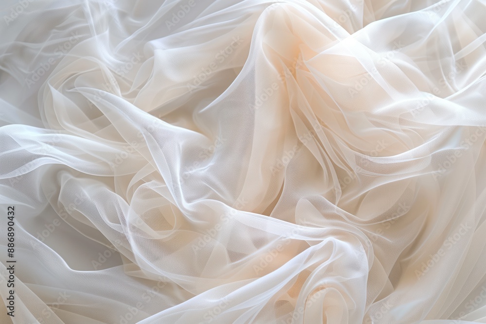 Poster White fabric close-up shows smooth texture with subtle pattern. Wrinkles add depth to otherwise flat surface. Focus on fabric makes it main subject. Use in fashion, textile or design projects.