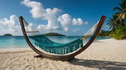 Obraz premium Hawaii a hammock hanging between two palm trees on a tropical beach with clear blue water and a sandy shore with a rock formation in the background. Vacation, E-commerce.