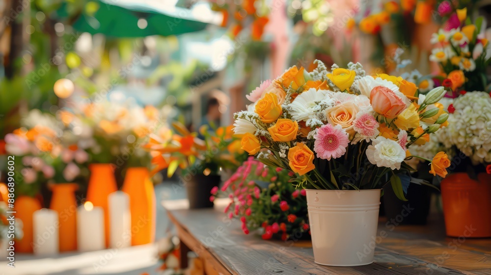 Leinwandbilder a table with a white vase of flowers and a few other vases of flowers. the flowers are in various co