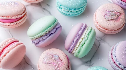 Fototapeta premium A top-down view of unicorn magic macarons arranged in a spiral pattern, featuring pastel colors of baby pink, lavender, mint green, and sky blue, adorned with edible glitter.