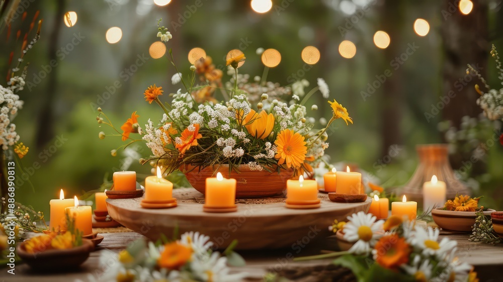 Aufkleber A table is set with candles and flowers, creating a warm and inviting atmosphere. The candles are lit, casting a soft glow over the table and the surrounding area. The flowers add a touch of color