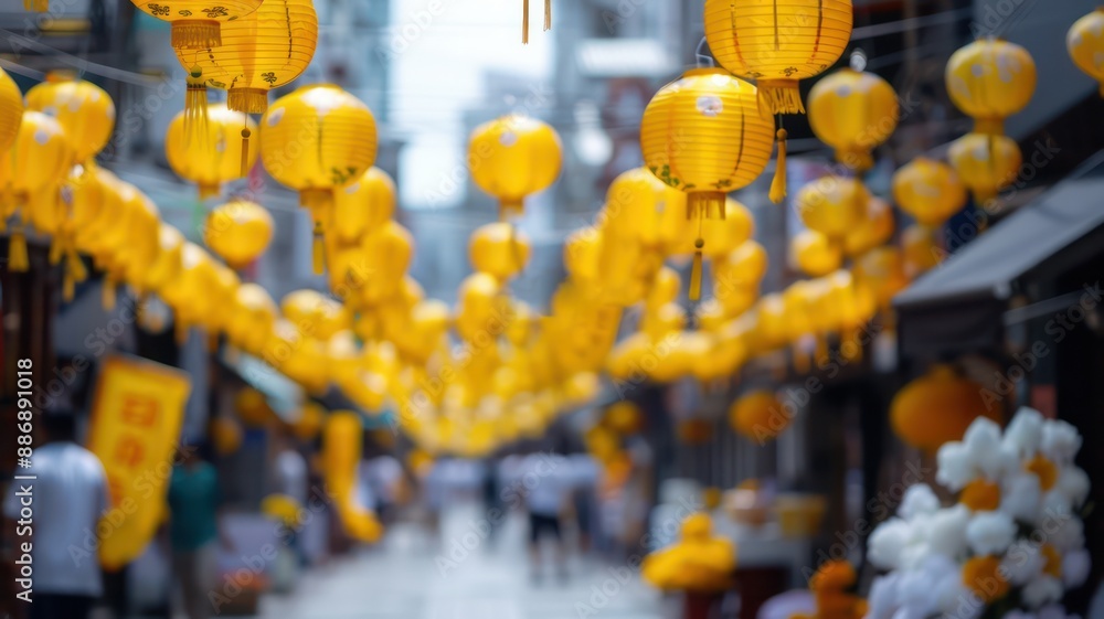 Poster a street with many yellow lanterns hanging from the ceiling. the lanterns are hanging in a row and a