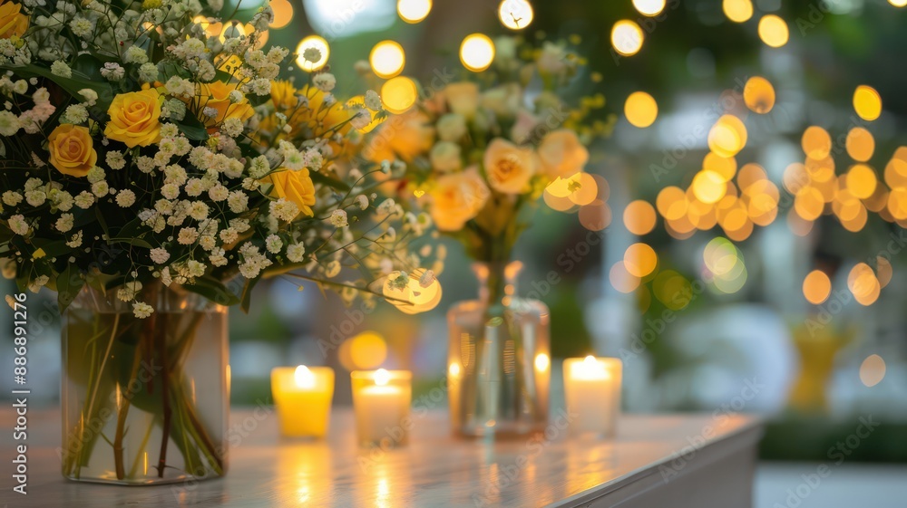 Poster a table with two vases of flowers and candles. scene is warm and inviting