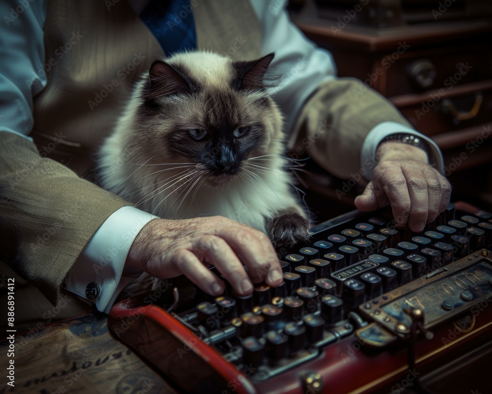 Poster a cat is sitting on a man's lap while he types on a typewriter. ai.