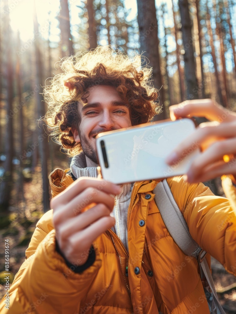 Wall mural A young man takes a selfie in the woods. AI.