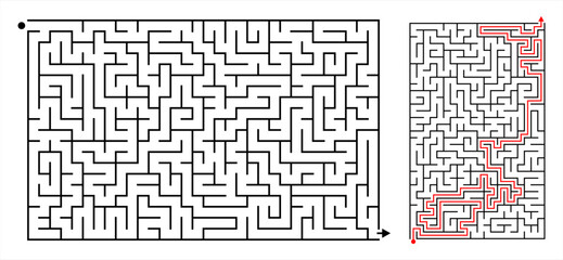 A rectangular maze game of medium difficulty. Vector illustration of puzzle maze