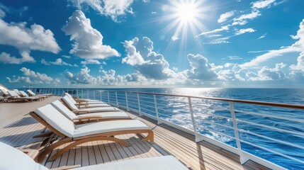 idyllic image of a cruise ship deck, with rows of lounge chairs and a bright blue sky, offering a tranquil and rejuvenating atmosphere