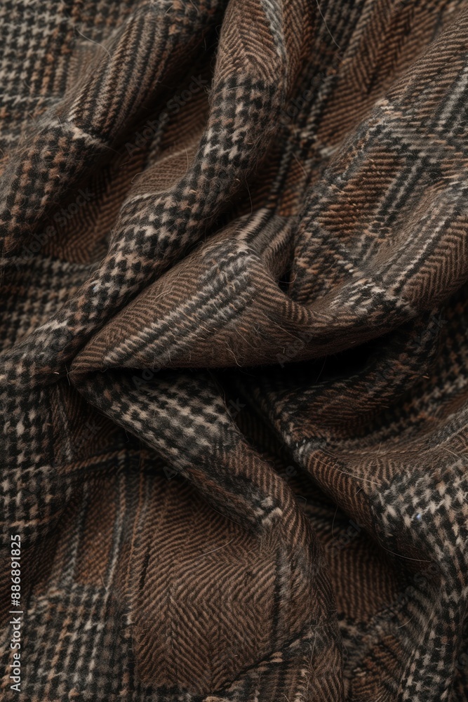 Poster Brown tweed fabric with checkerboard pattern. Close-up view of textured surface with black, white elements. Wrinkled appearance suggests folded or stored. Focus on fabric against blurred background.