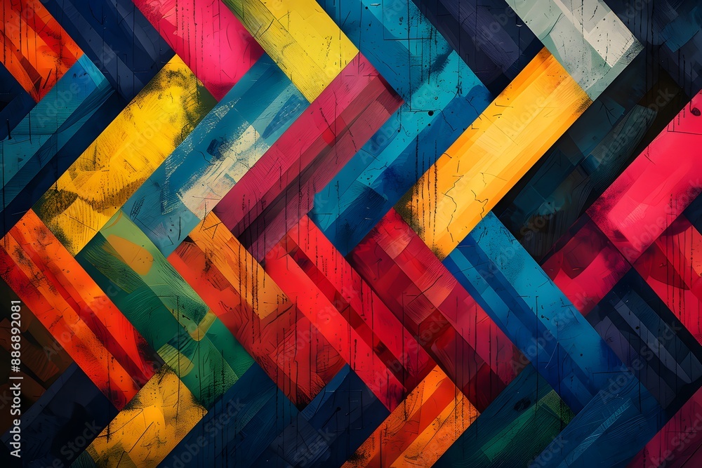 Poster vibrant geometric abstract art with interlocking colorful patterns