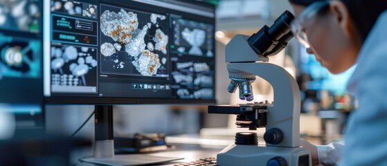 Fototapeta premium Engineer Analyzing Mineral Samples Through Microscope for Geological Survey