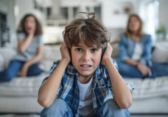 Young boy covering ears while sitting on couch with people arguing in background