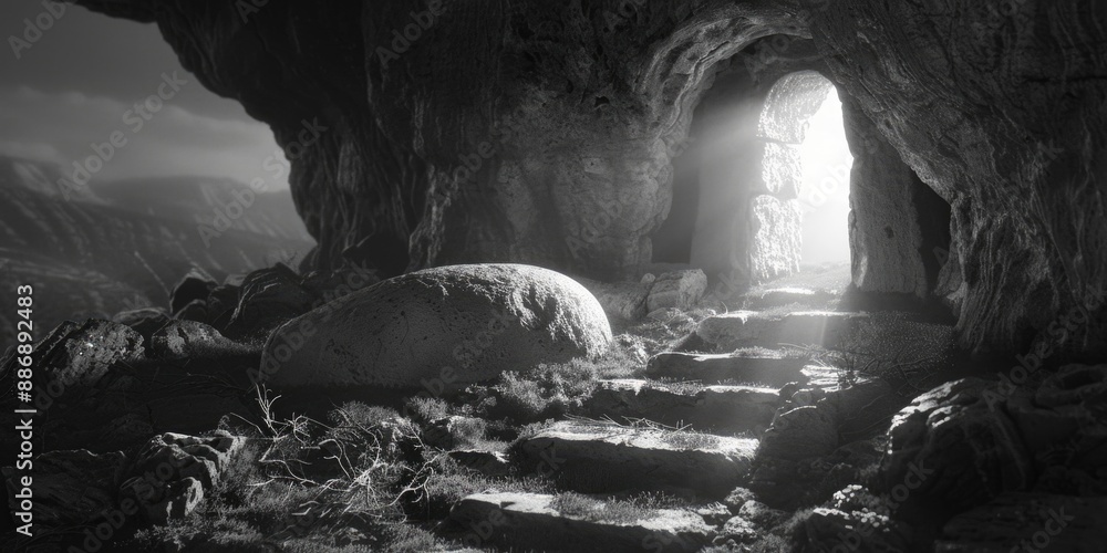 Poster a black and white image of a light shining at the end of a dark tunnel, representing hope and guidan