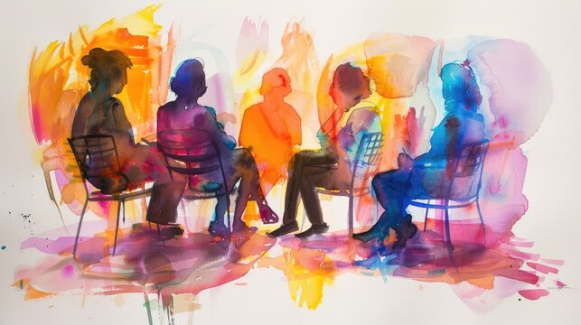 emotional and introspective watercolor painting of a group therapy session, capturing the essence of mental health concepts and the human experience