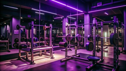 Empty Modern Gym Room with Weights and Purple Lighting - Fitness and Strength Training Environment