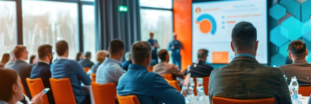 A group of people sat at round tables, watching someone present on stage in front of an audience An LED screen showed the presentation content Generative AI