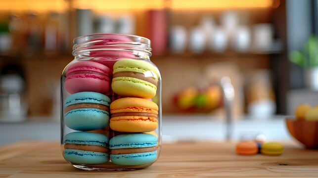 Candy crush macarons in a glass jar, with visible bright candy colors like turquoise, magenta, lime green, and orange. Set against a soft-focus background of a kitchen, with warm,
