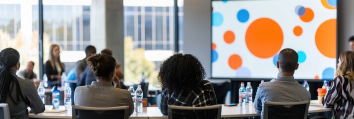 A group of people sitting at round tables, listening to someone on stage presenting something in front of an LED screen with orange and blue color circles Generative AI