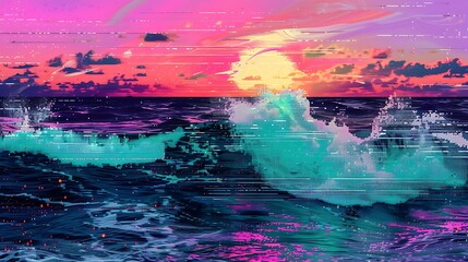 High-definition digital art of waves in glitch art style, with pixelated distortions in hues of cyan and magenta under a glitched sunset sky of lime and violet.
