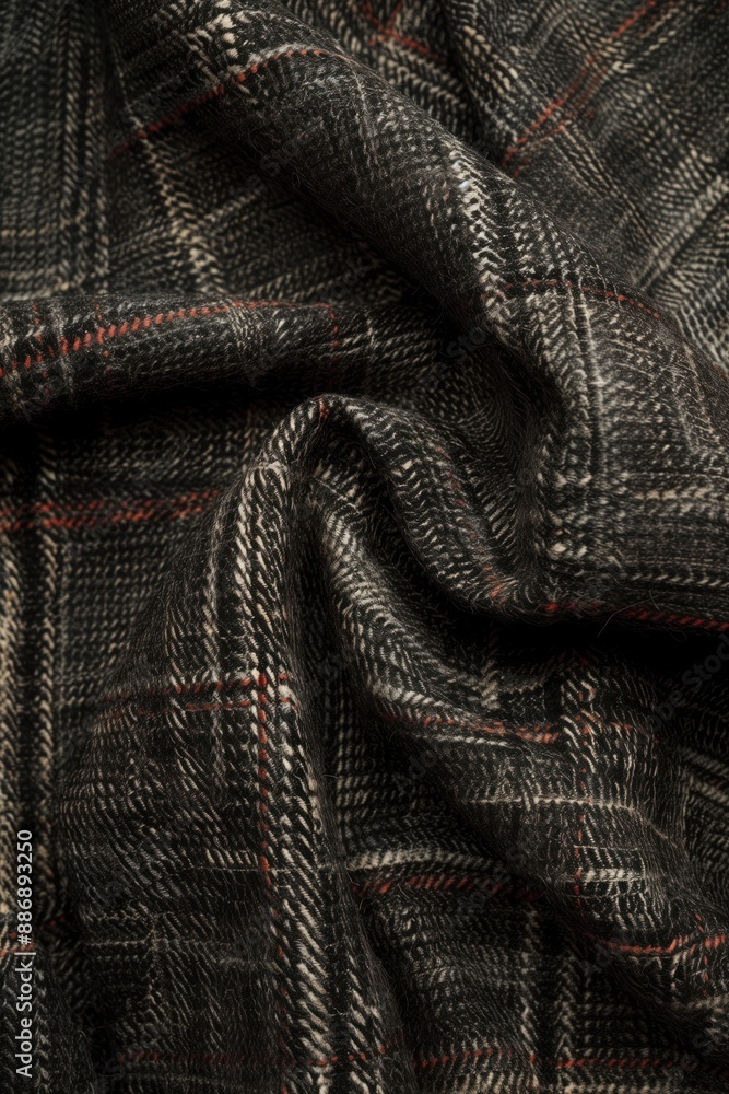 Poster Black and white checkered fabric texture with subtle gray shades. Close-up view of folded tweed cloth with blurred background. Interesting visual effect adds depth to image.