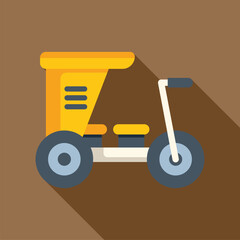 Yellow motor tricycle with canopy standing in front of brown wall, side view, flat design, long shadow