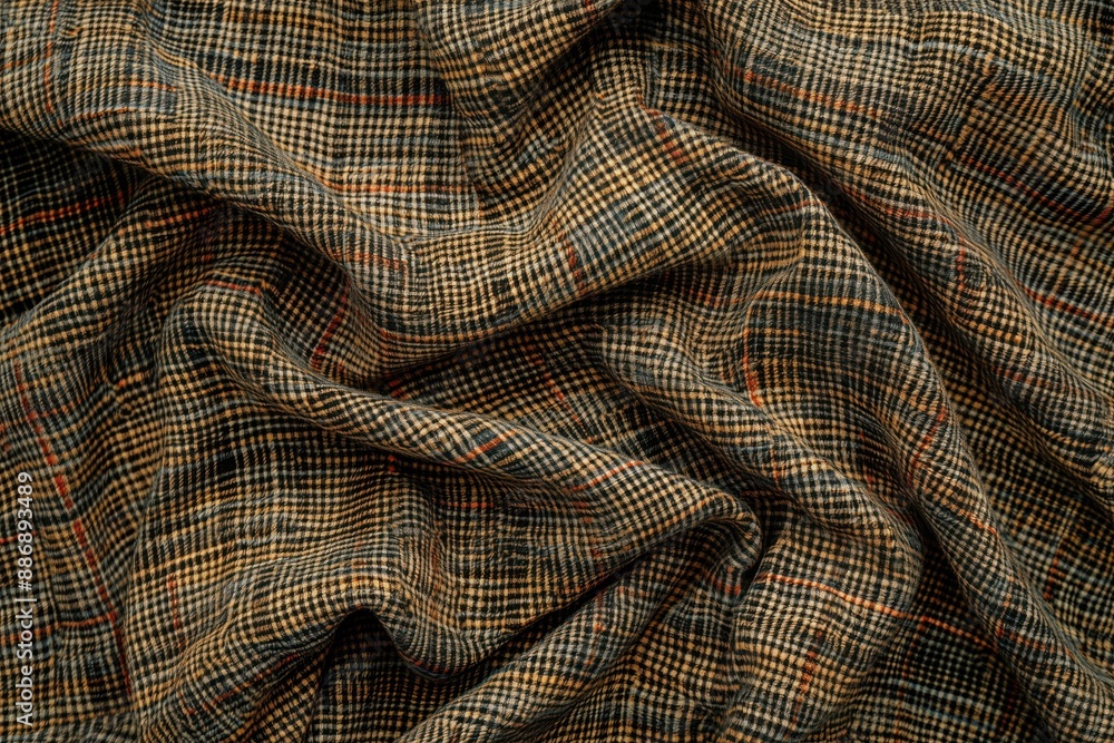 Aufkleber Tweed fabric texture with diagonal lines pattern. Dark tone image with black and brown colors. Smooth surface close-up view. Solid color background accentuates details.