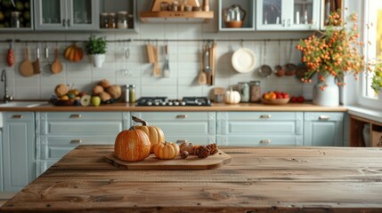 cozy autumn kitchen scene featuring a wood table with copy space, surrounded by warm pumpkin decorations and inviting autumnal atmosphere