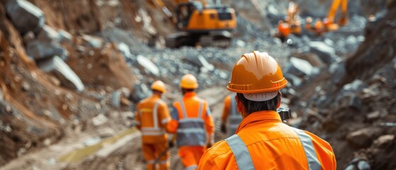 Industrial Workers in Safety Gear Conducting Mineral Exploration in a Quarry
