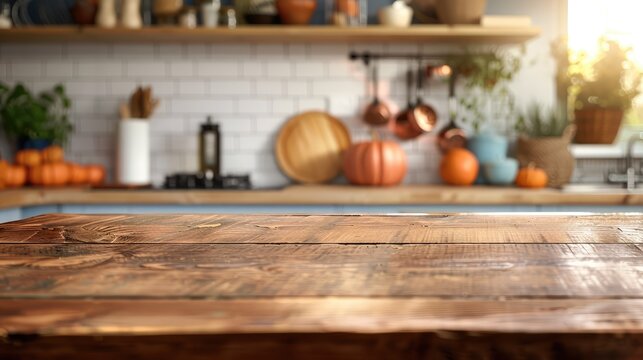 autumn kitchen with a wood table and copy space, adorned with seasonal pumpkin decorations and a warm, inviting ambiance