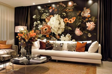 Elegant Floral Wallpaper in Modern Living Room