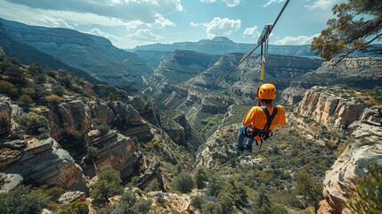 Obraz premium High-octane scene of a stunt performer zip-lining across a canyon, with rugged terrain and scenic views, showcasing aerial adventure. Illustration, Image, , Minimalism,